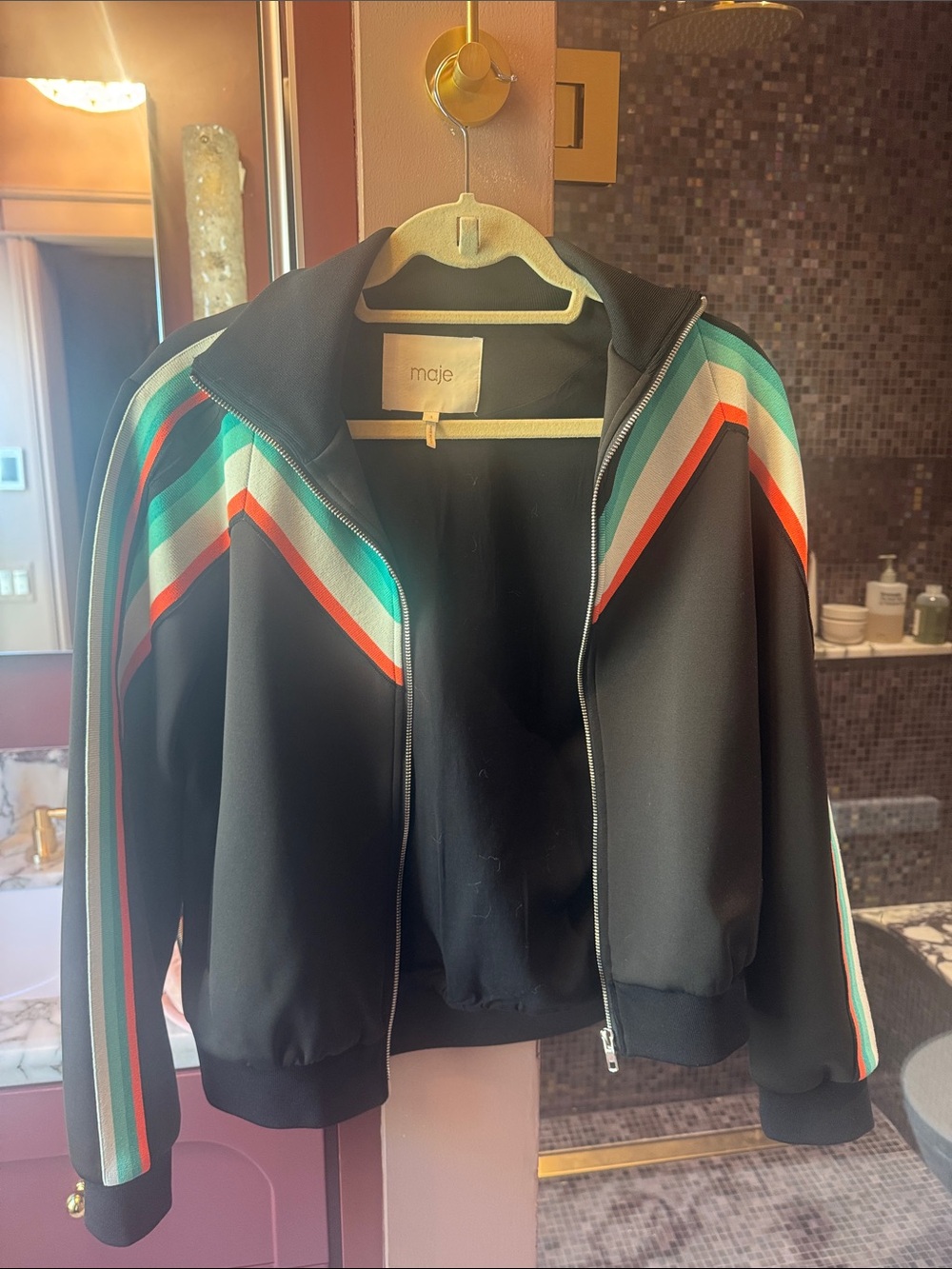 Maje Black Bomber Jacket with Teal, Mint, Coral & White Chevron Stripes